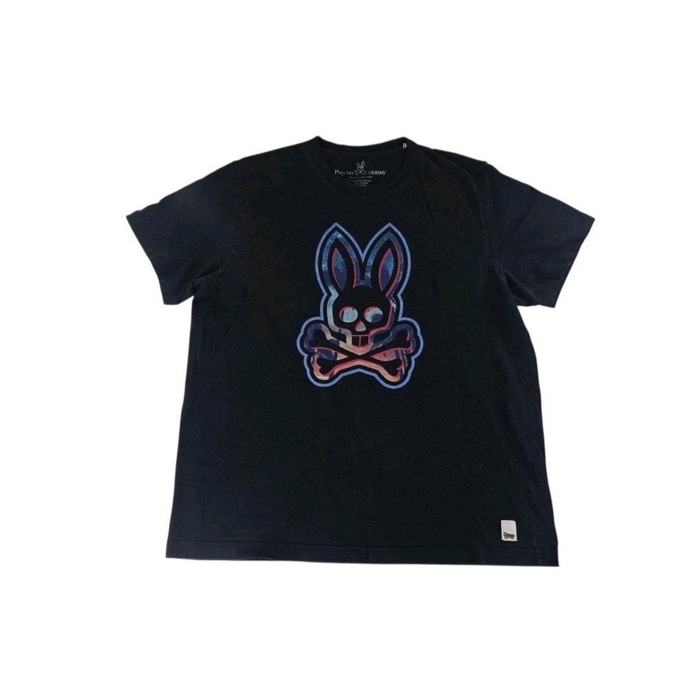 Psycho Bunny Mens 6 Black Pima Cotton Graphic T-Shirt Palm Tree Bunny Logo  SS